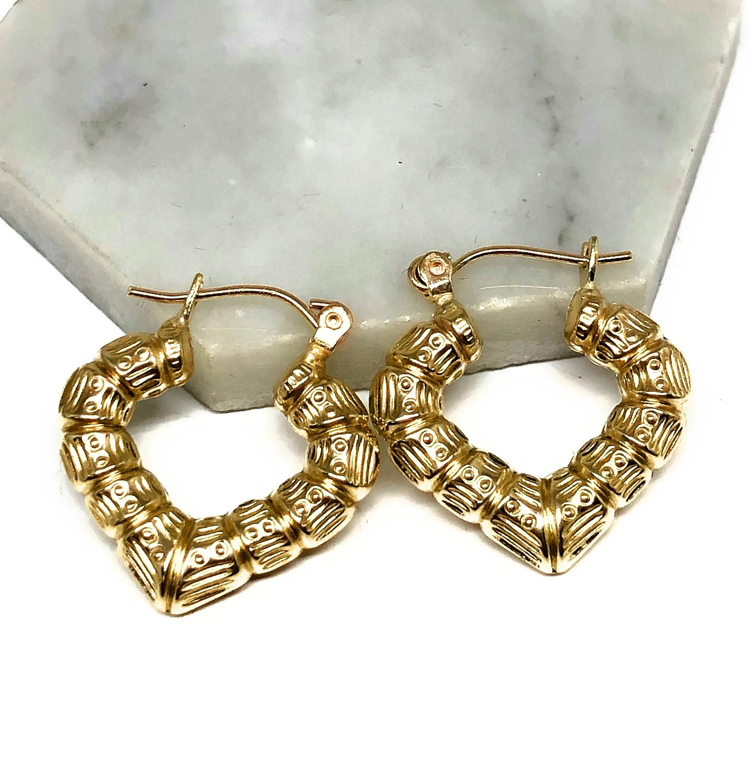 10k Solid Gold Yellow Bamboo Heart Hoop Earrings 0.5 INCH Arracadas