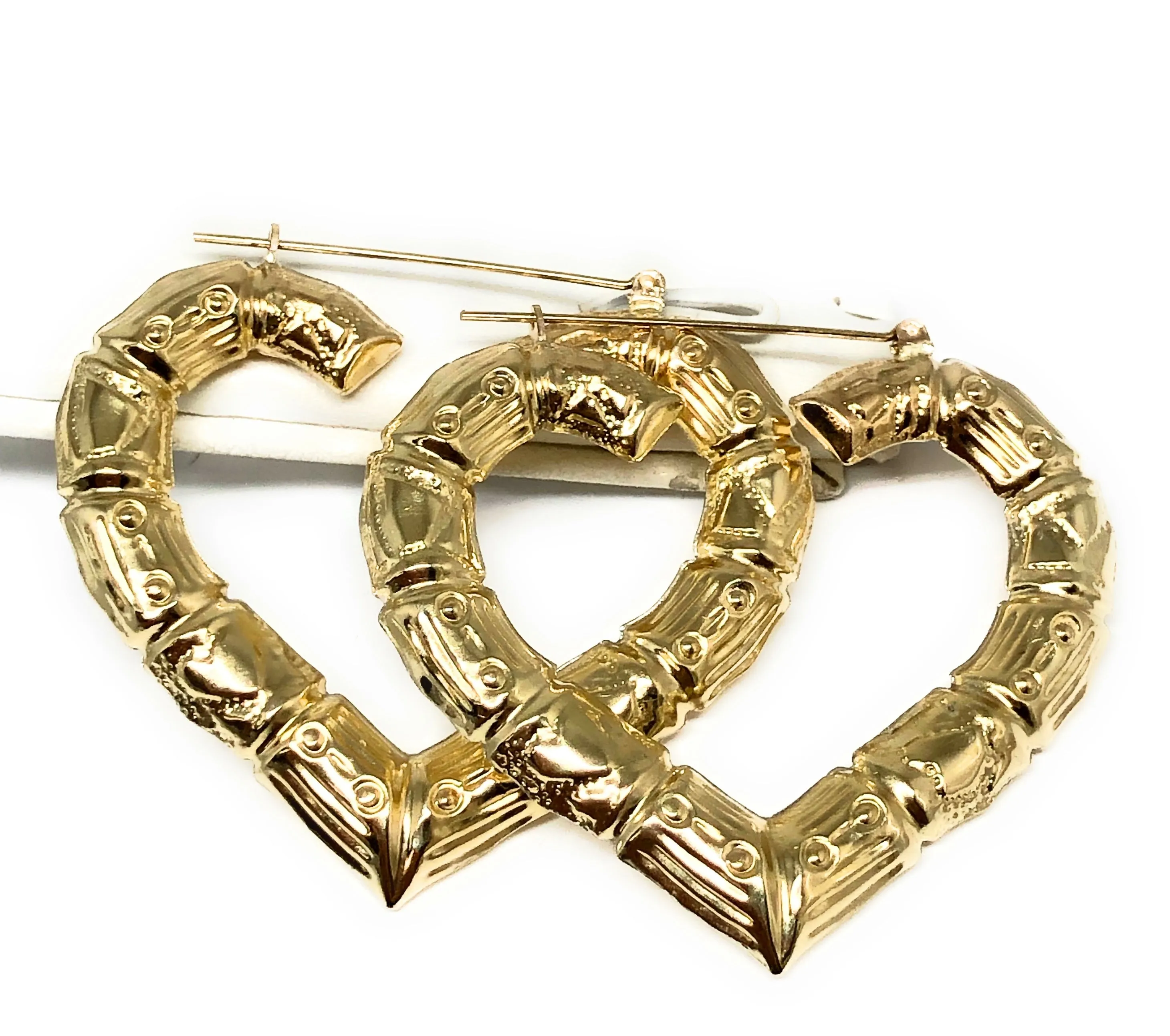 10k Solid Gold Yellow Bamboo Heart Hoop Earrings 1.5-2 INCH Arracadas