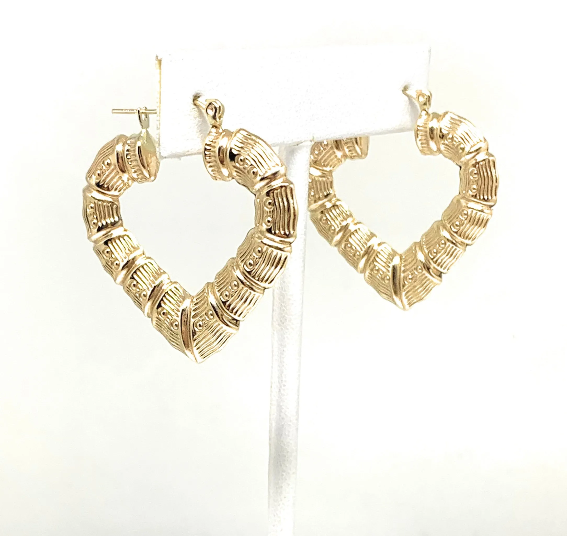 10k Solid Gold Yellow Bamboo Heart Hoop Earrings 1.5 INCH Arracadas