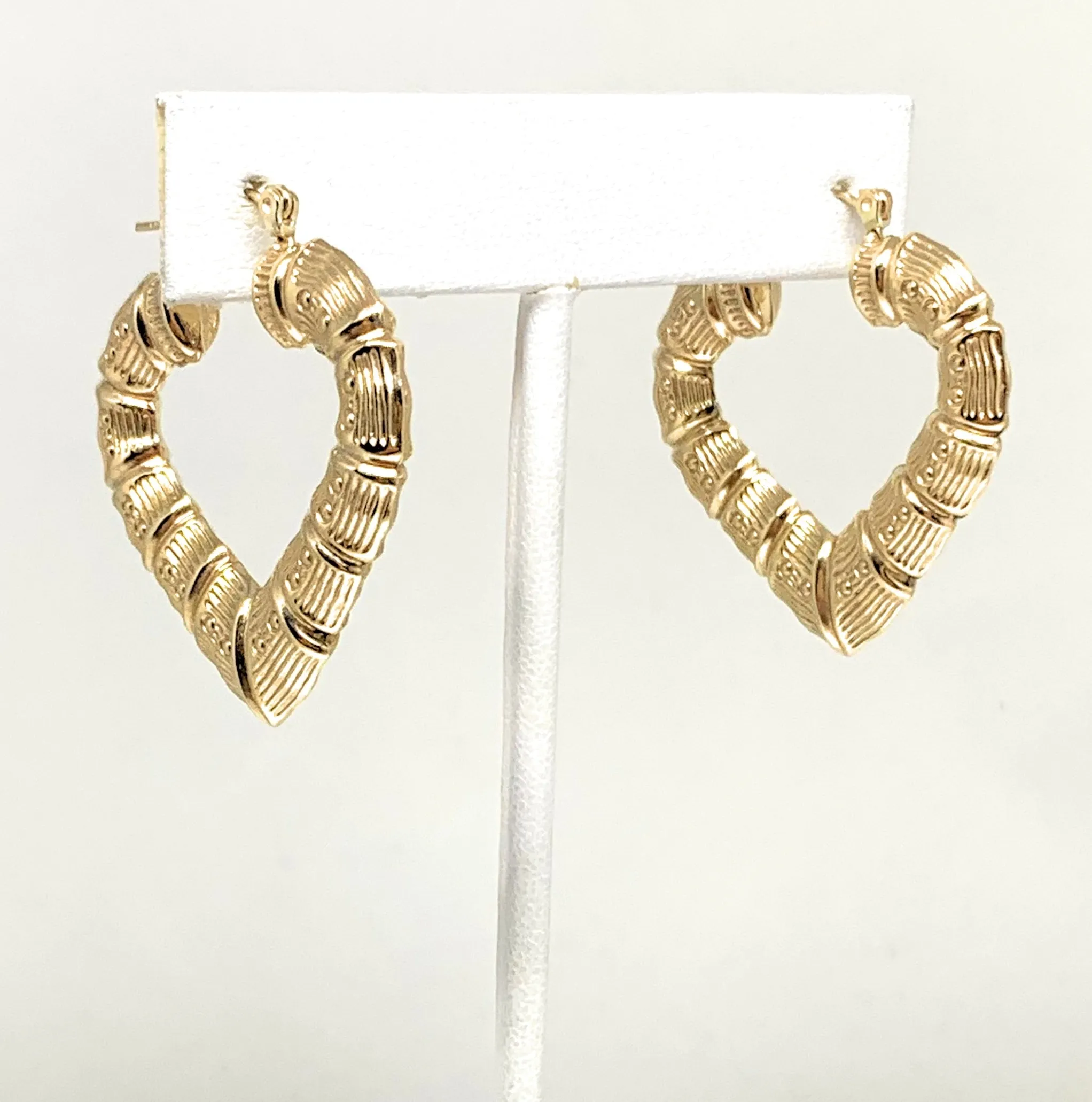 10k Solid Gold Yellow Bamboo Heart Hoop Earrings 1.5 INCH Arracadas