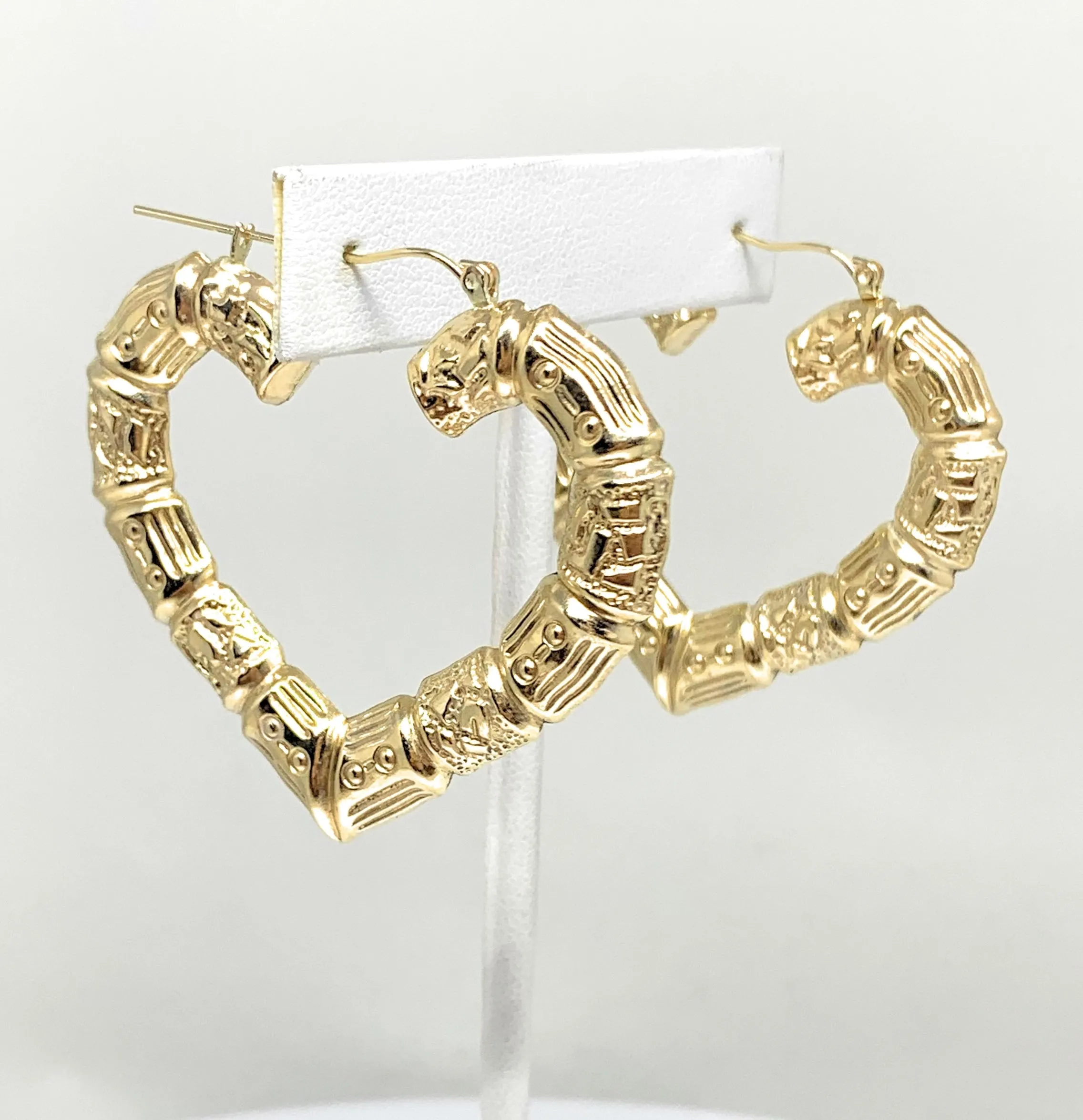 10k Solid Gold Yellow Bamboo Heart Hoop Earrings 2 INCH Arracadas