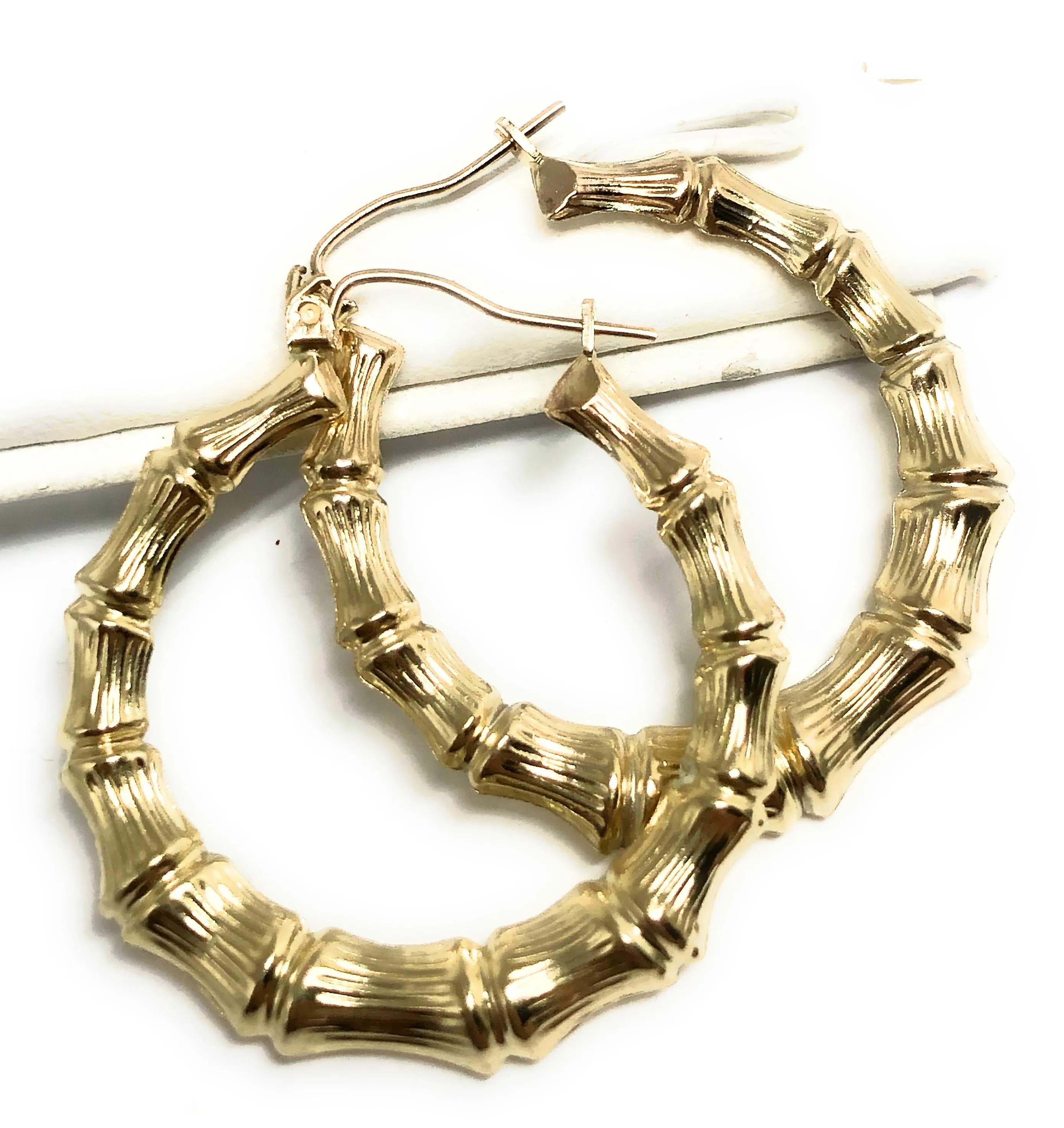 10k Solid Gold Yellow Bamboo Hoop Earrings 0.5-1.5 INCH Arracadas