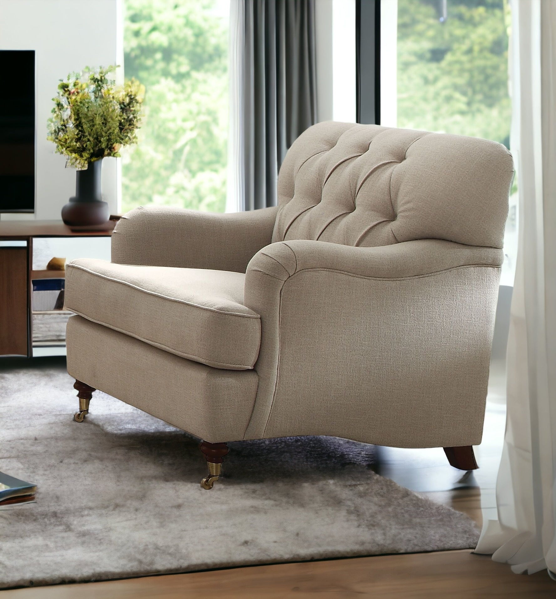 35 Beige and Dark Brown Fabric Tufted Arm Chair