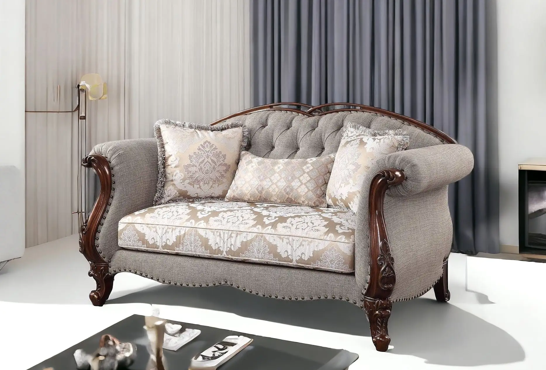 72 Beige And Dark Brown Linen Loveseat and Toss Pillows