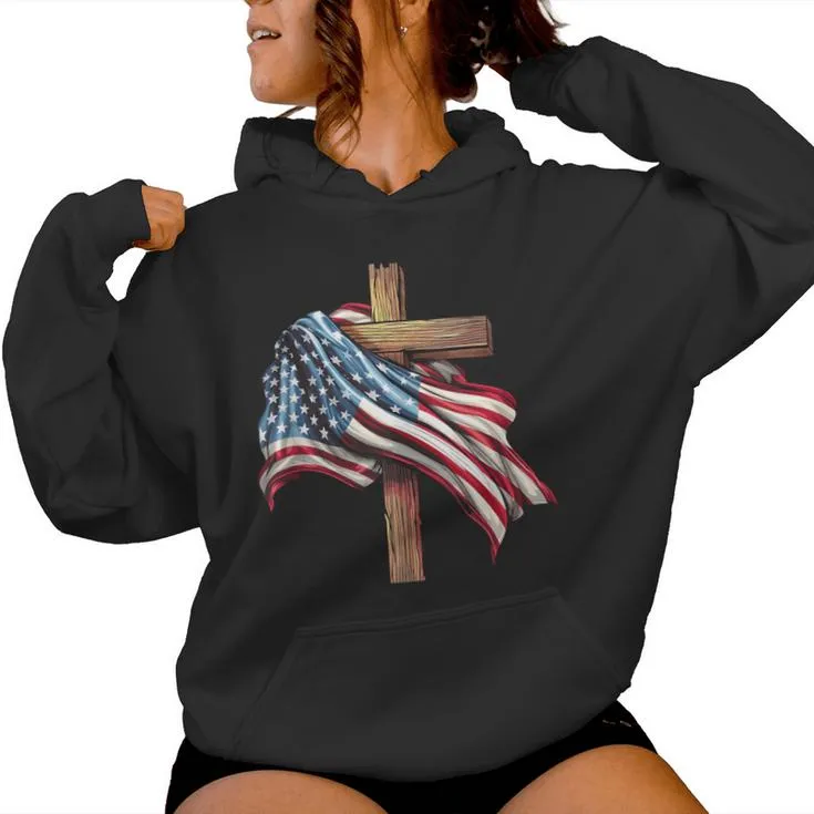 American Flag Christian Cross Jesus 4Th Of July Women Women Hoodie