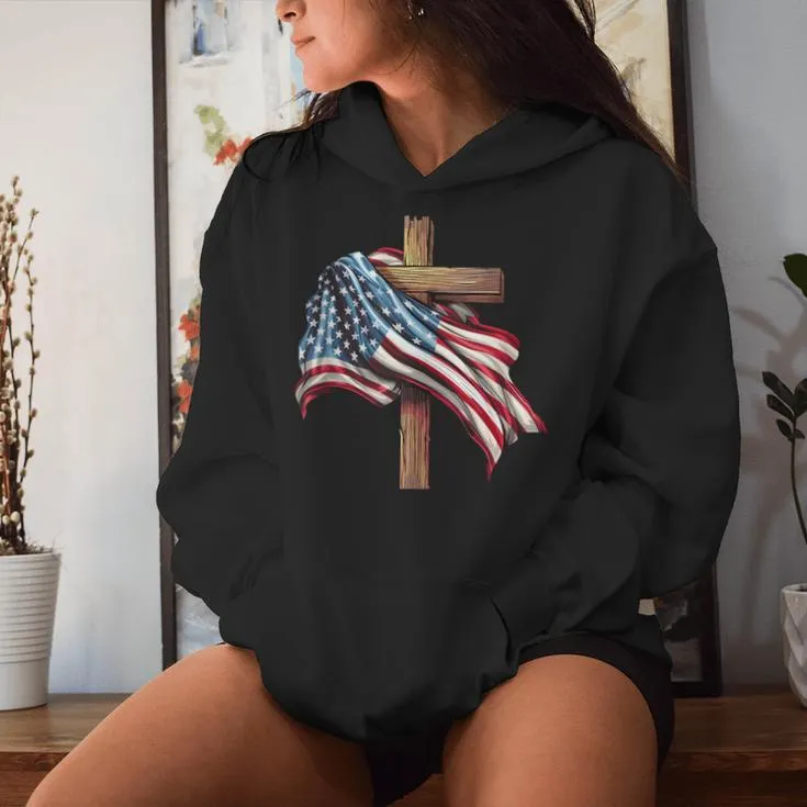 American Flag Christian Cross Jesus 4Th Of July Women Women Hoodie