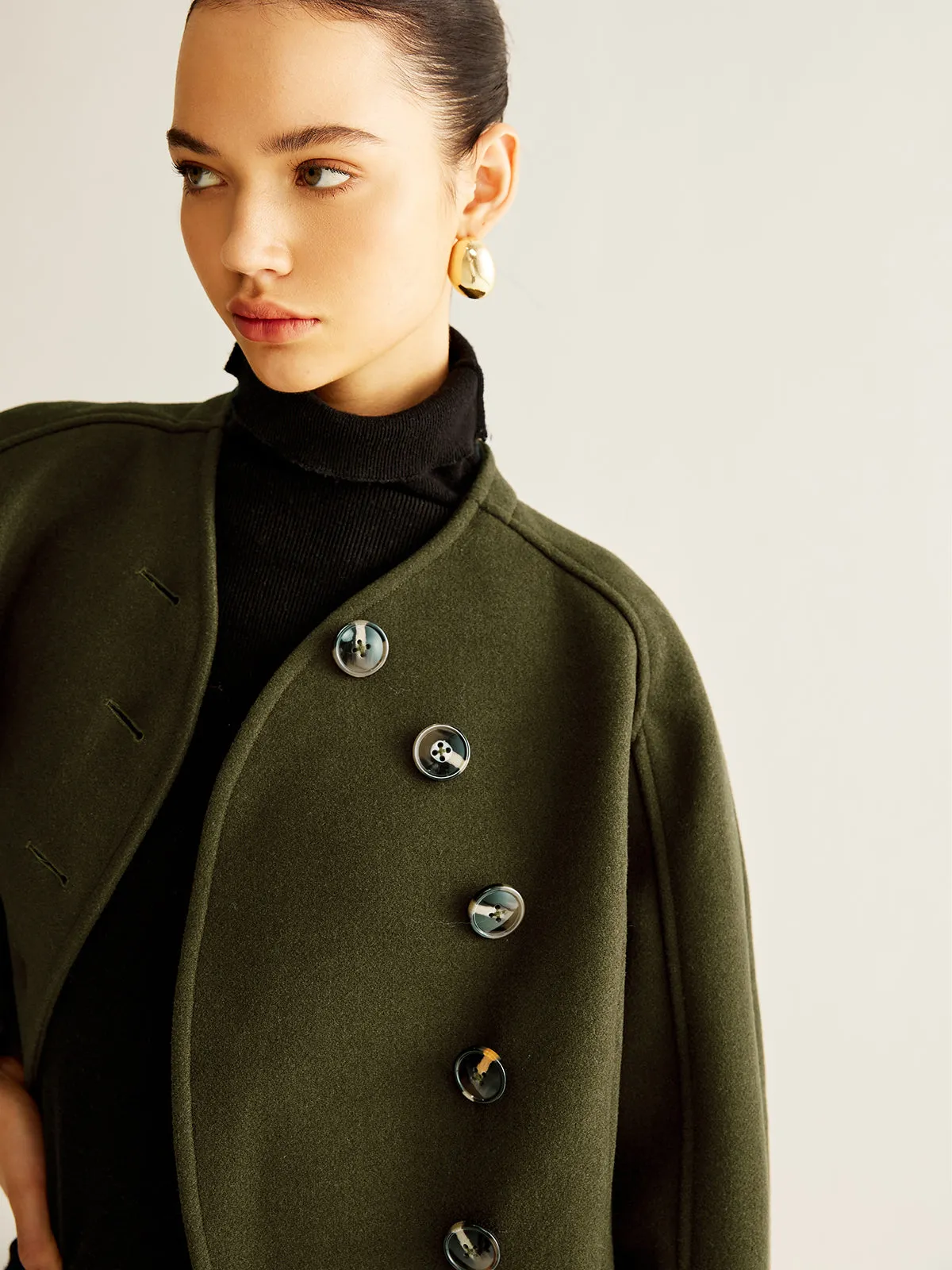 Asymmetrical Button Crop Tweed Coat