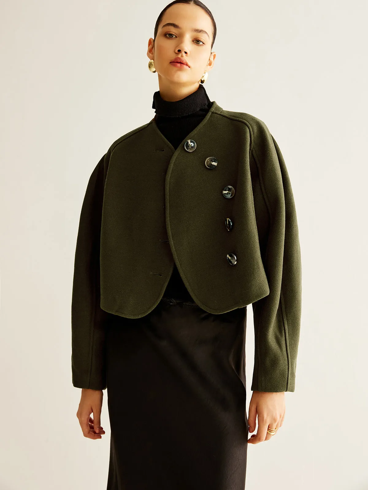 Asymmetrical Button Crop Tweed Coat