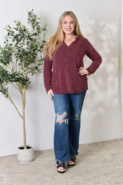 Burgundy Notched Long Sleeve Top