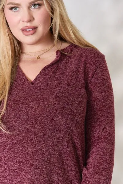 Burgundy Notched Long Sleeve Top