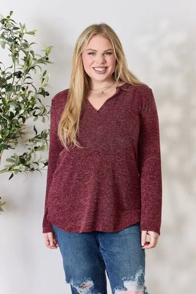 Burgundy Notched Long Sleeve Top