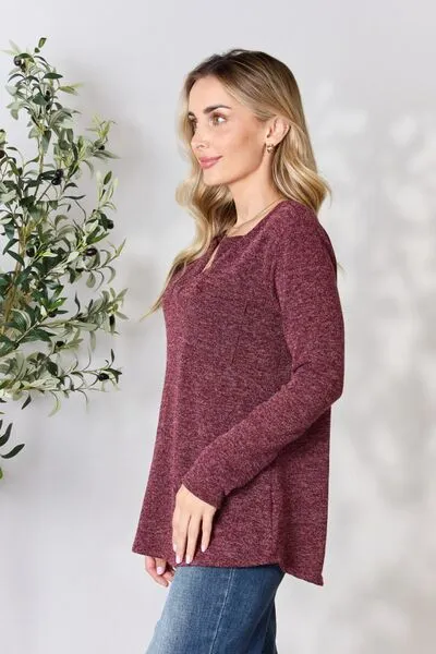 Burgundy Notched Long Sleeve Top