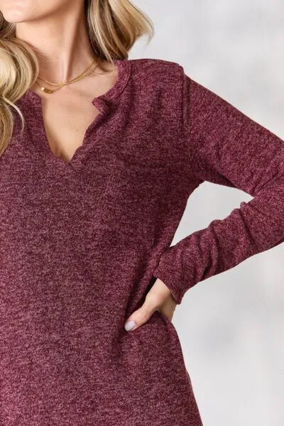 Burgundy Notched Long Sleeve Top