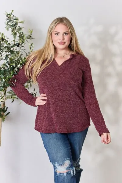 Burgundy Notched Long Sleeve Top