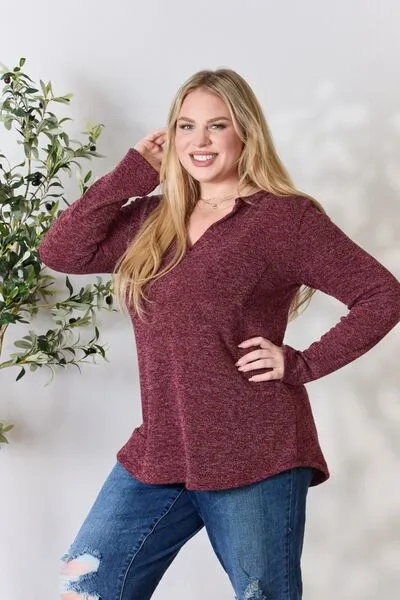 Burgundy Notched Long Sleeve Top