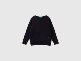 Cable knit sweater in wool blend - Black | Benetton