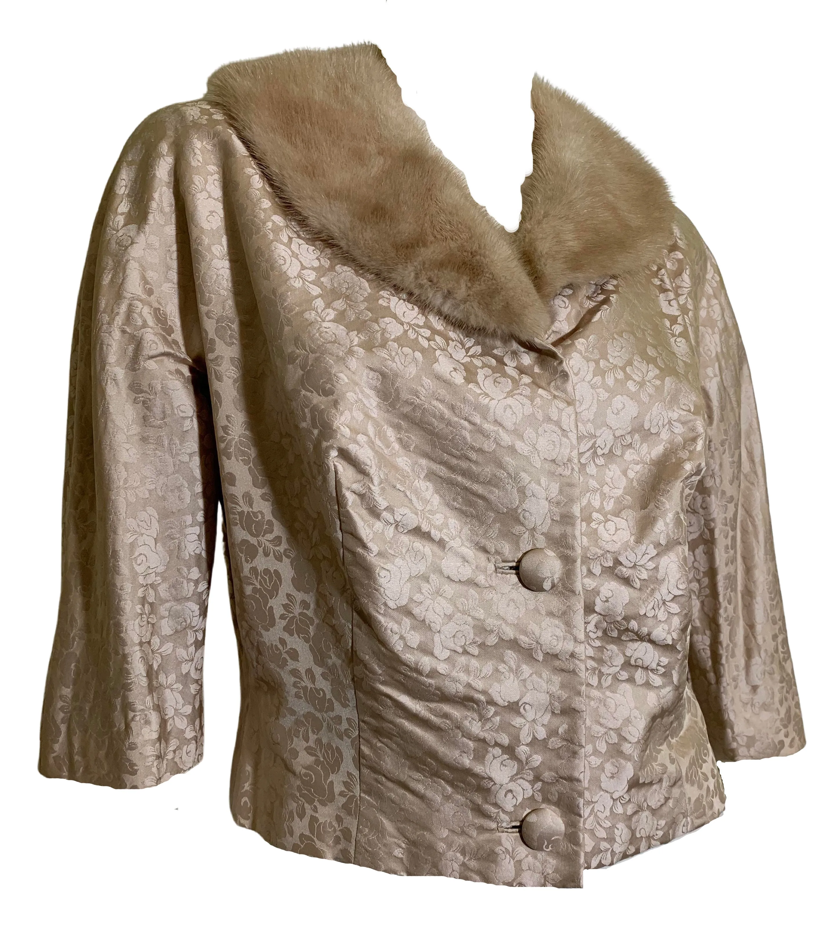 Champagne Floral Weave Silk Mink Collar Cocktail Jacket circa 1960s