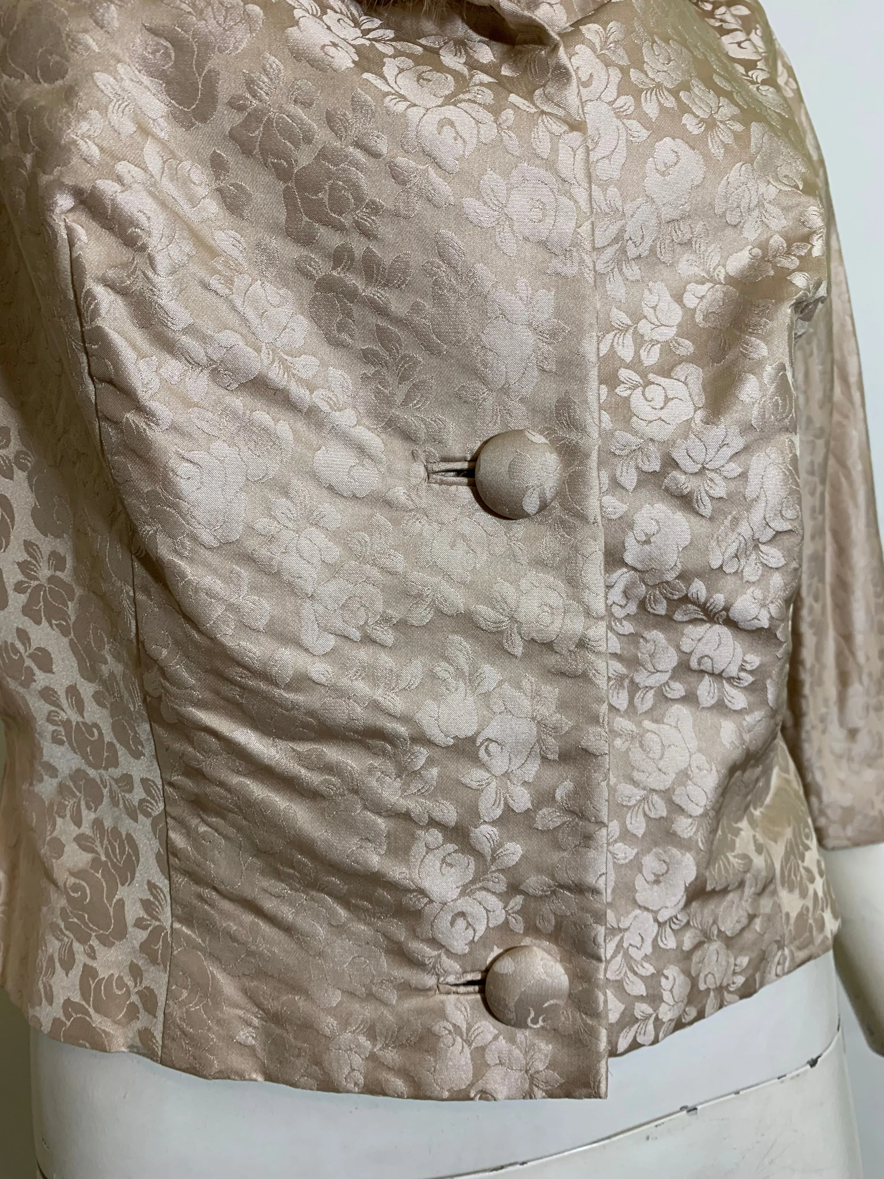 Champagne Floral Weave Silk Mink Collar Cocktail Jacket circa 1960s