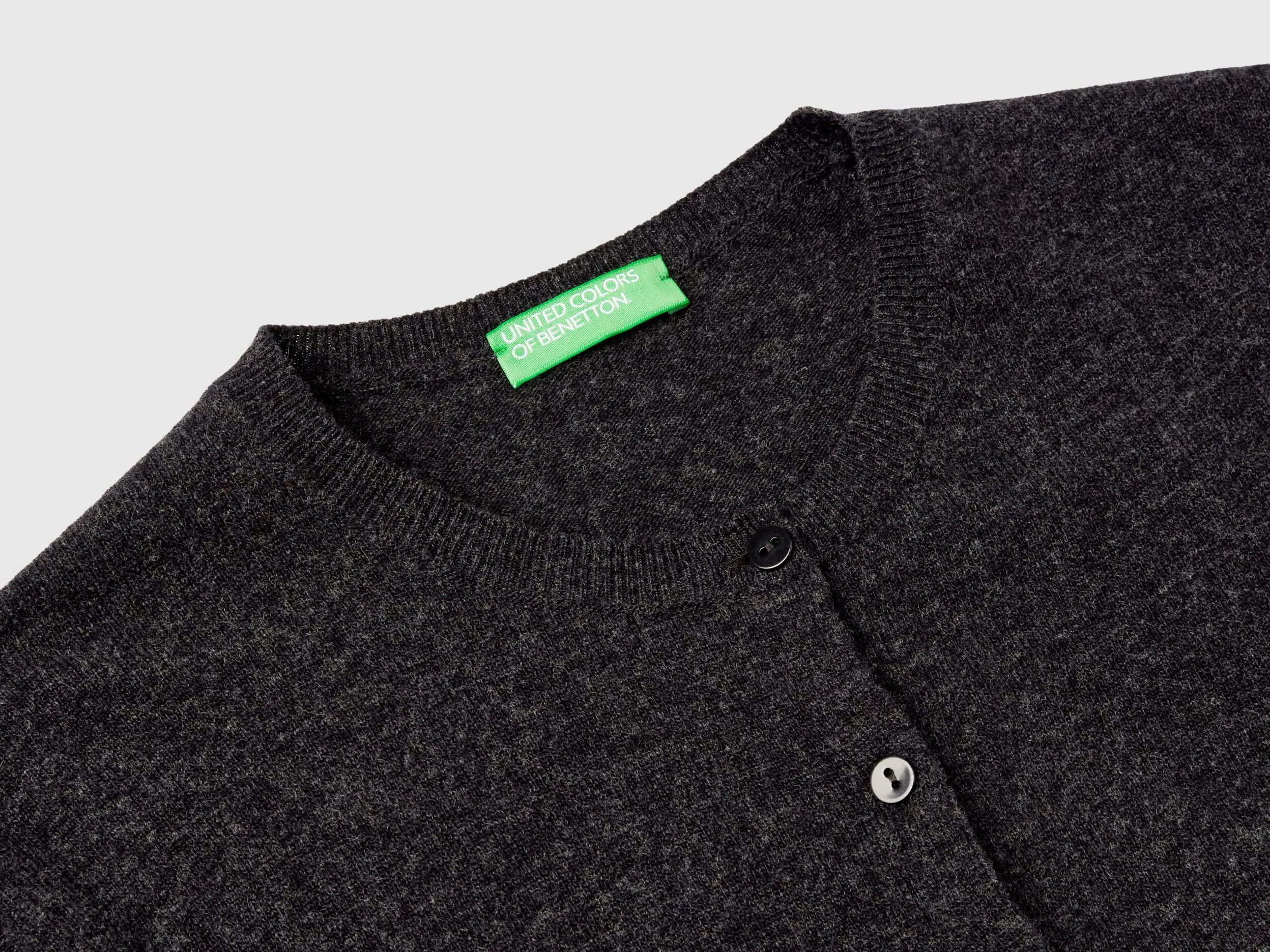 Charcoal gray crew neck cardigan in pure Merino wool - Dark Gray | Benetton