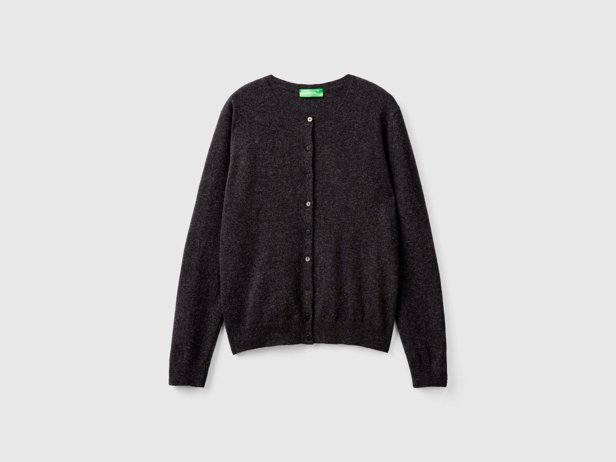 Charcoal gray crew neck cardigan in pure Merino wool - Dark Gray | Benetton