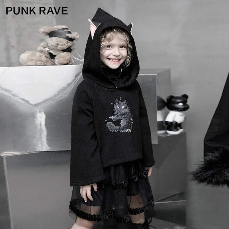 Children's Gothic Cat Printed Hoodies With Cat Ear Hood