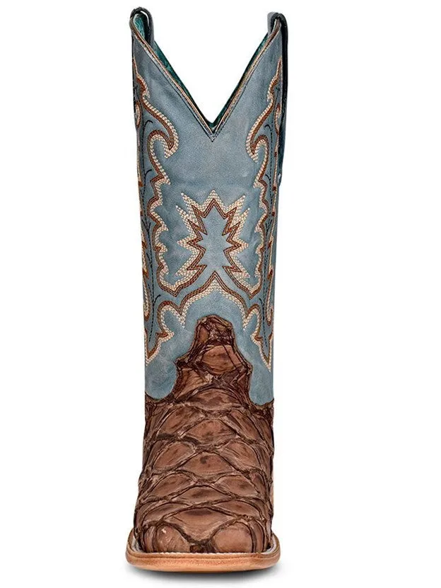 Corral Women's Brown and Blue Pirarucu Fish Cowboy Boot