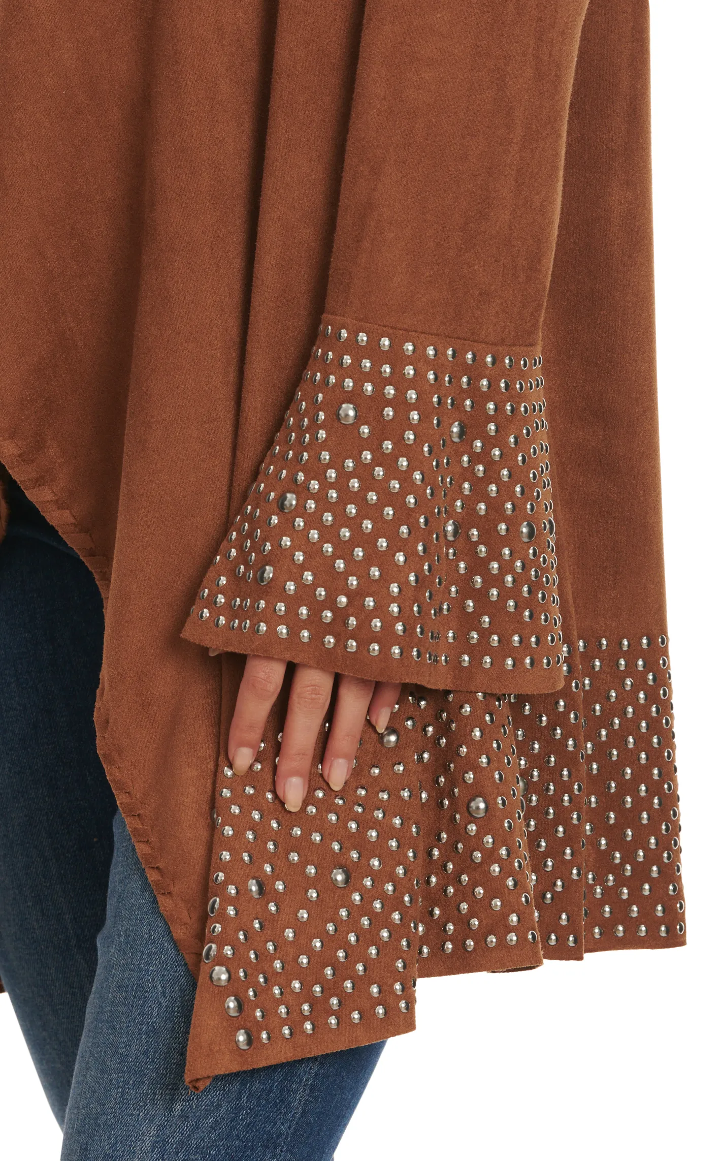 Cowgirl Legend Women's Caramel Faux Suede Studded Cuffs & Hem Long Sleeve Cardigan  