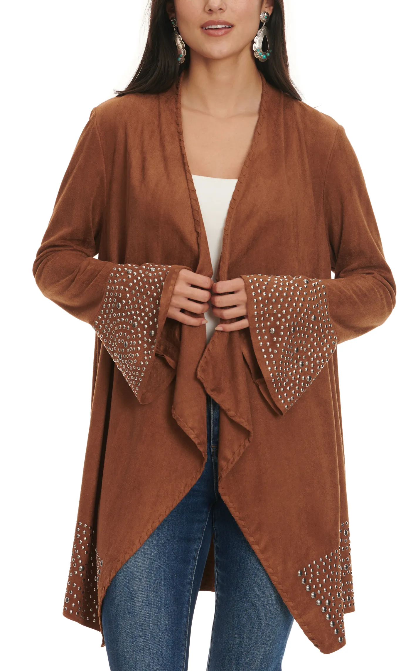 Cowgirl Legend Women's Caramel Faux Suede Studded Cuffs & Hem Long Sleeve Cardigan  