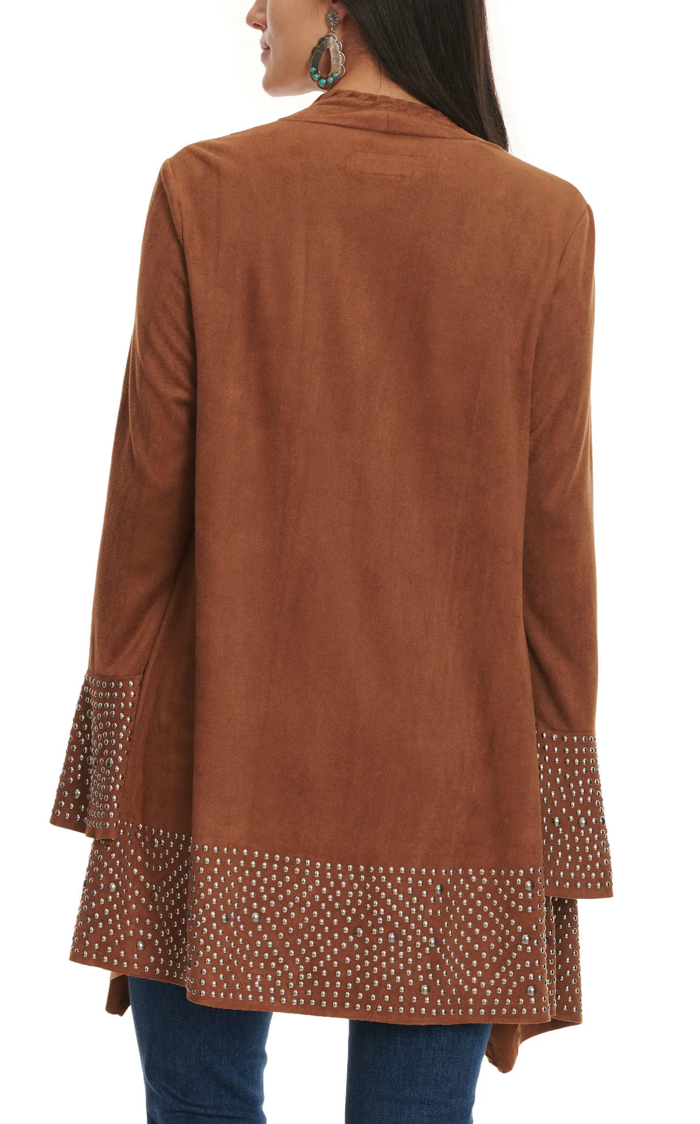 Cowgirl Legend Women's Caramel Faux Suede Studded Cuffs & Hem Long Sleeve Cardigan  