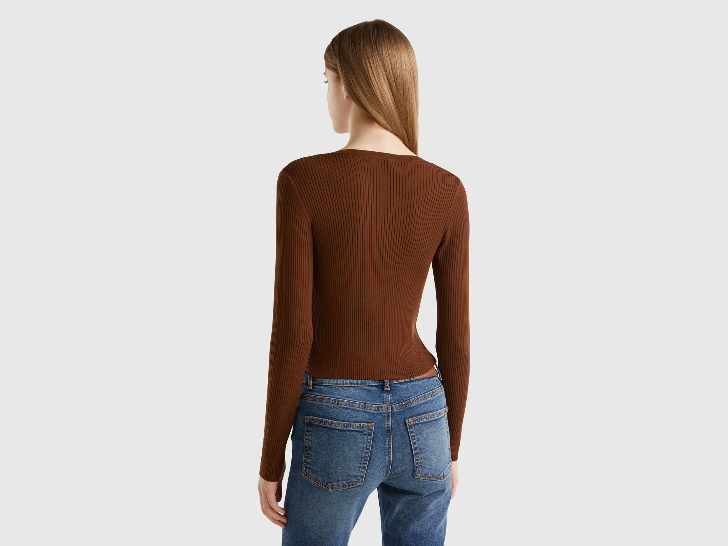 Cropped cardigan with laces - Dark Brown | Benetton