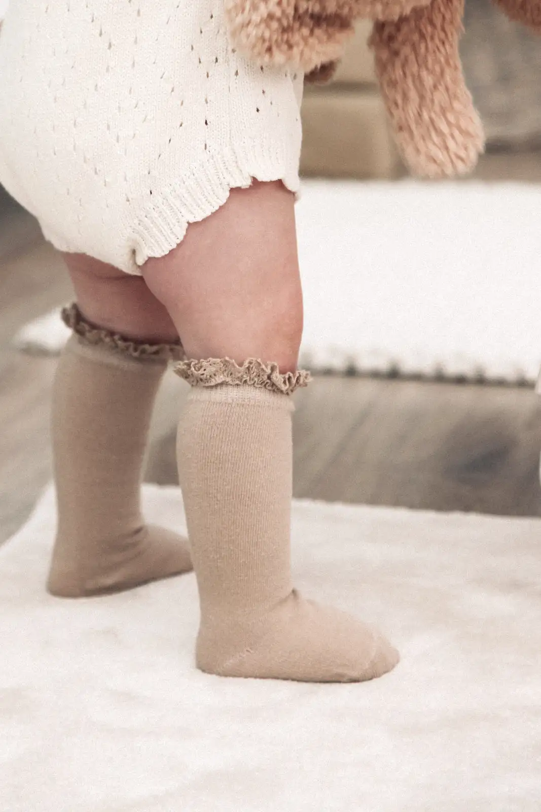 Dark Beige Lace Trim Knee High Socks