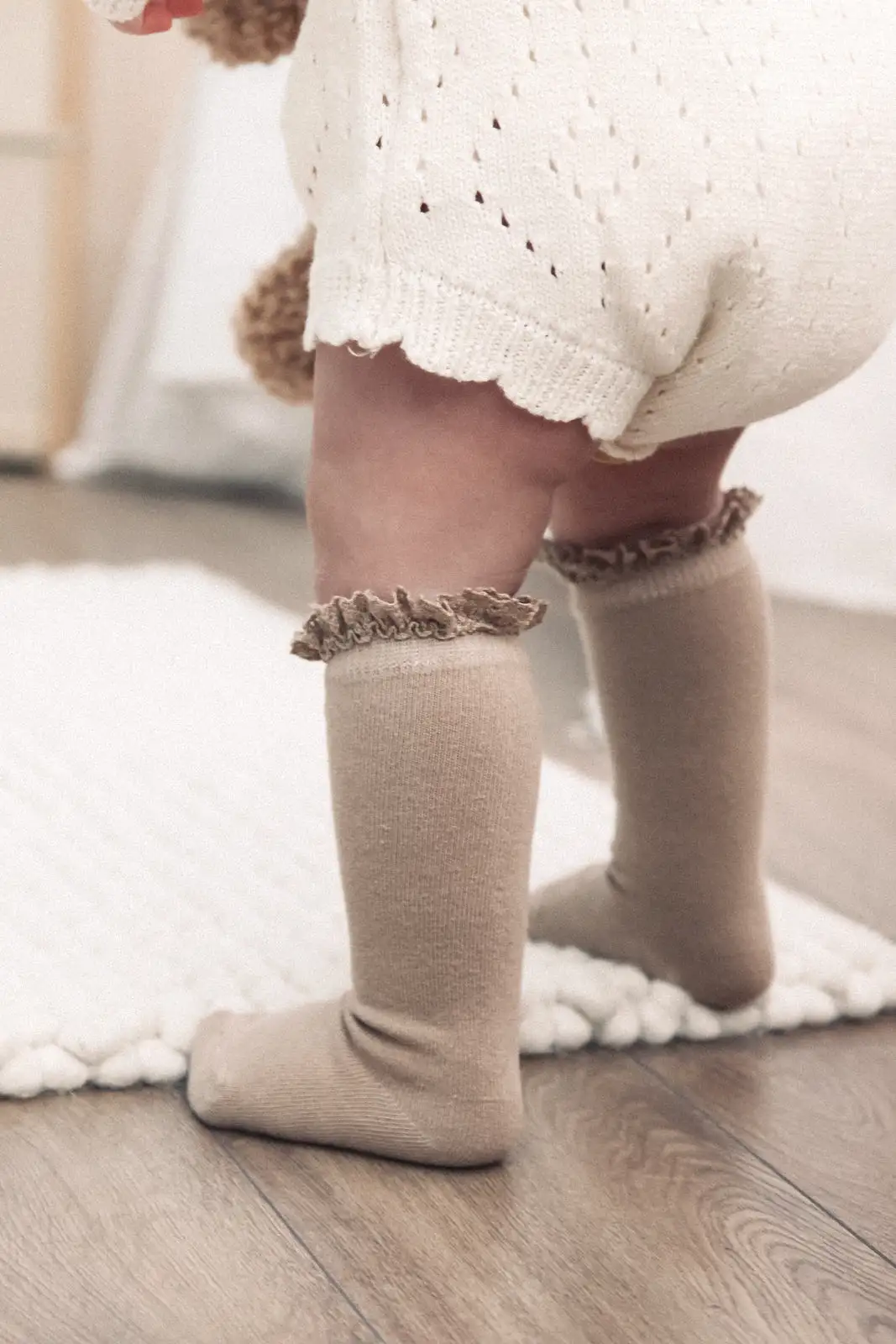 Dark Beige Lace Trim Knee High Socks