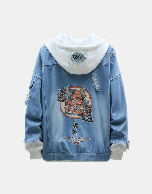 Devil Lion Cloud Denim Ripped Hooded Jacket