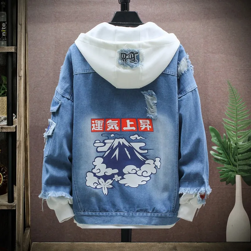 Devil Lion Cloud Denim Ripped Hooded Jacket