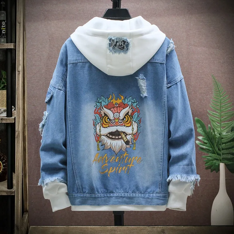 Devil Lion Cloud Denim Ripped Hooded Jacket