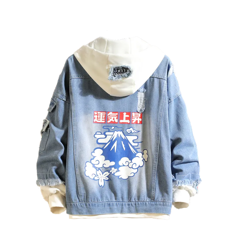 Devil Lion Cloud Denim Ripped Hooded Jacket