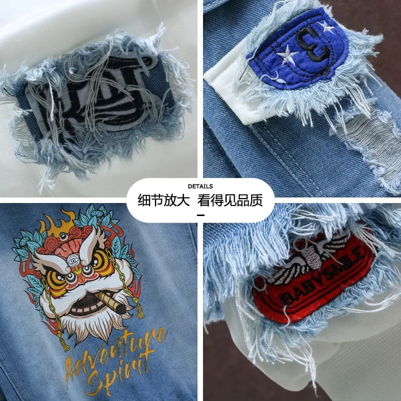 Devil Lion Cloud Denim Ripped Hooded Jacket