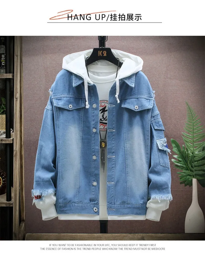 Devil Lion Cloud Denim Ripped Hooded Jacket