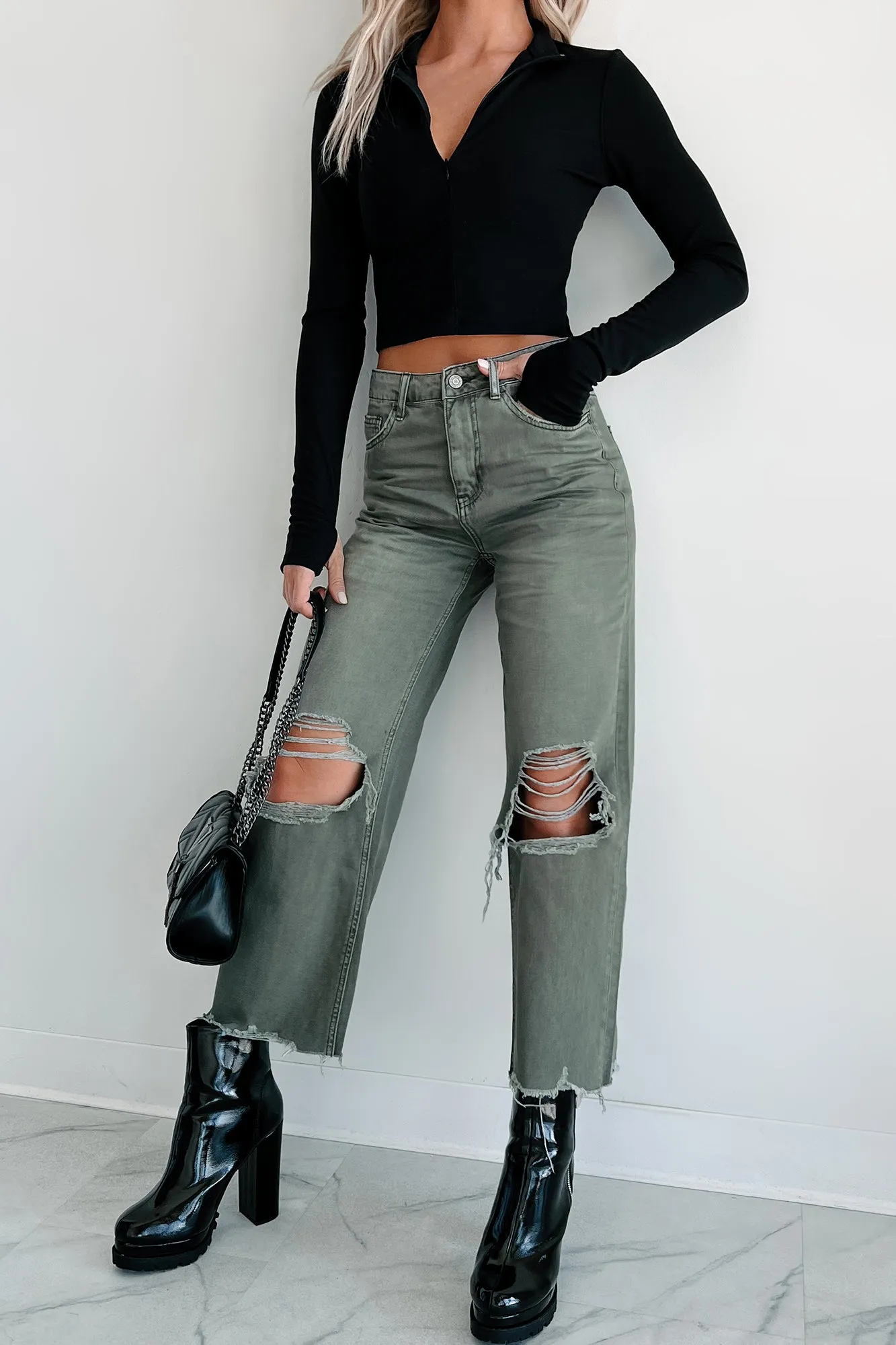 Doyle High Rise 90s Vintage Vervet Crop Flare Jeans (Olive)