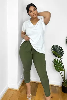 Drawstring Waist Rolled Up Hem Cotton Trousers