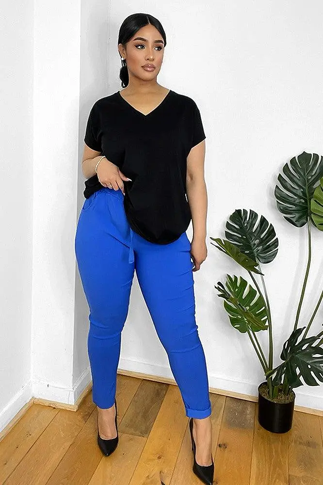 Drawstring Waist Rolled Up Hem Cotton Trousers