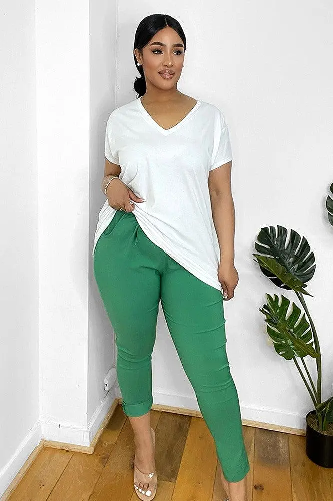 Drawstring Waist Rolled Up Hem Cotton Trousers