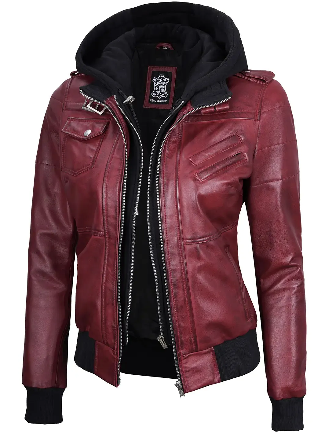 Edinburgh Maroon Leather Bomber Jacket With Hood