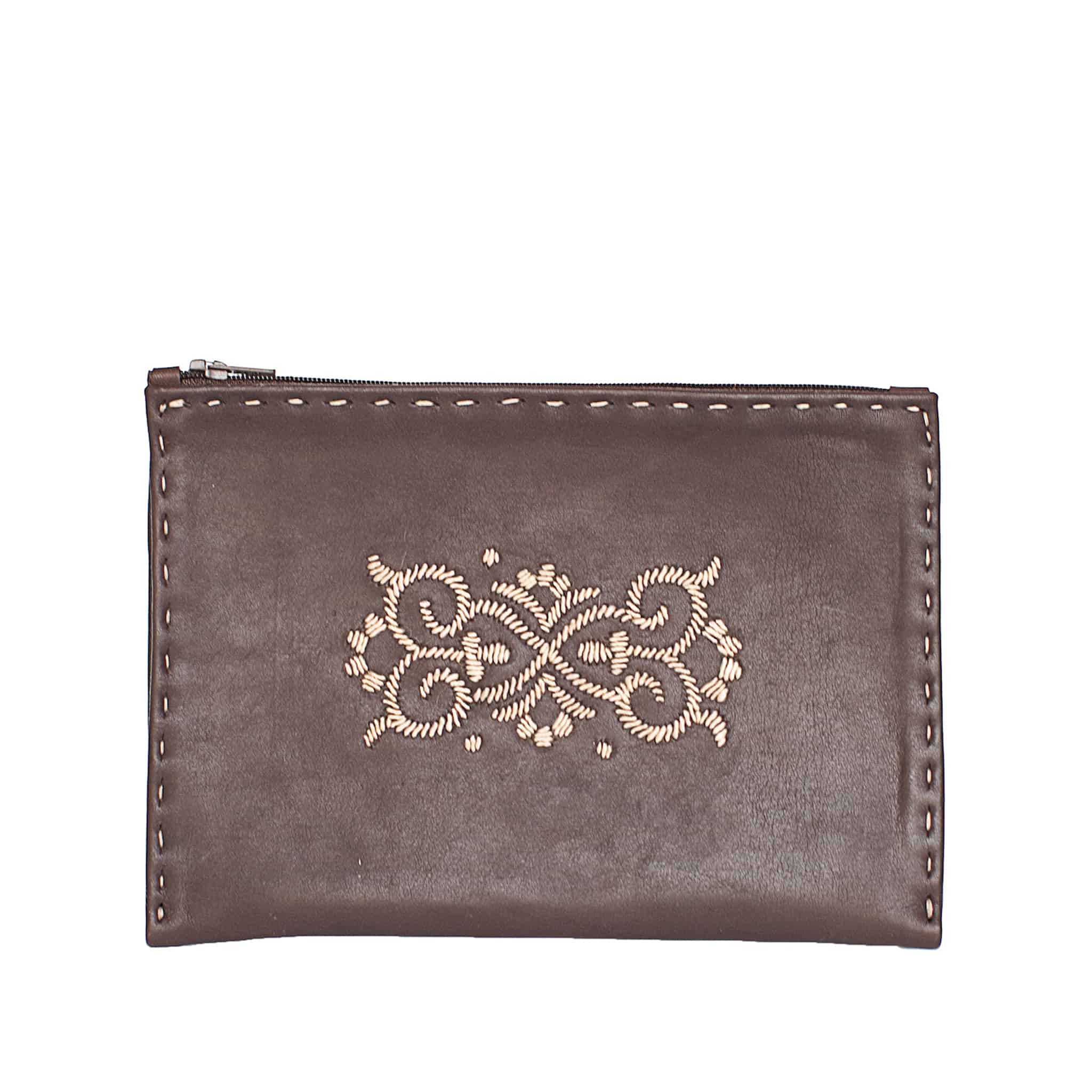 Embroidered Leather Pouch in Dark Brown, Beige