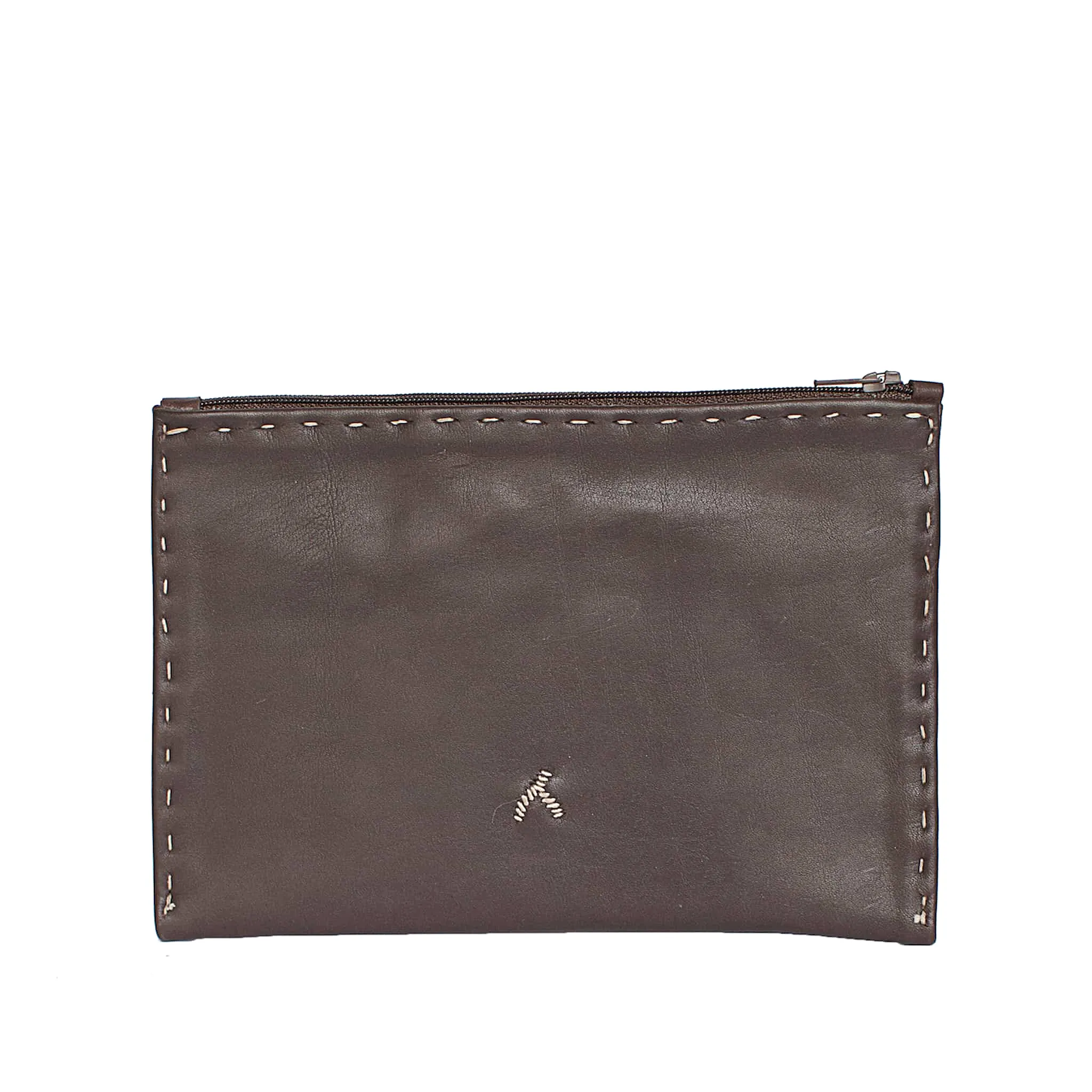 Embroidered Leather Pouch in Dark Brown, Beige