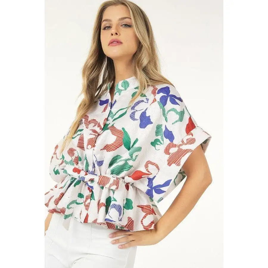 Floral Print Short Sleeve Top With Waist Tie