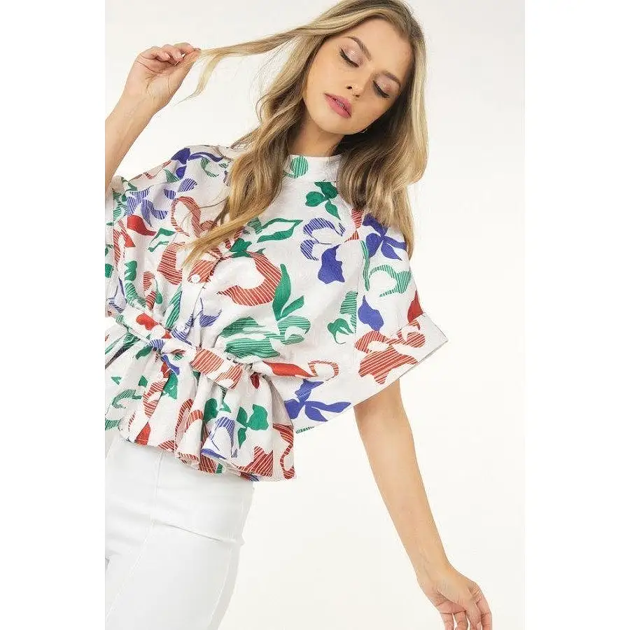 Floral Print Short Sleeve Top With Waist Tie