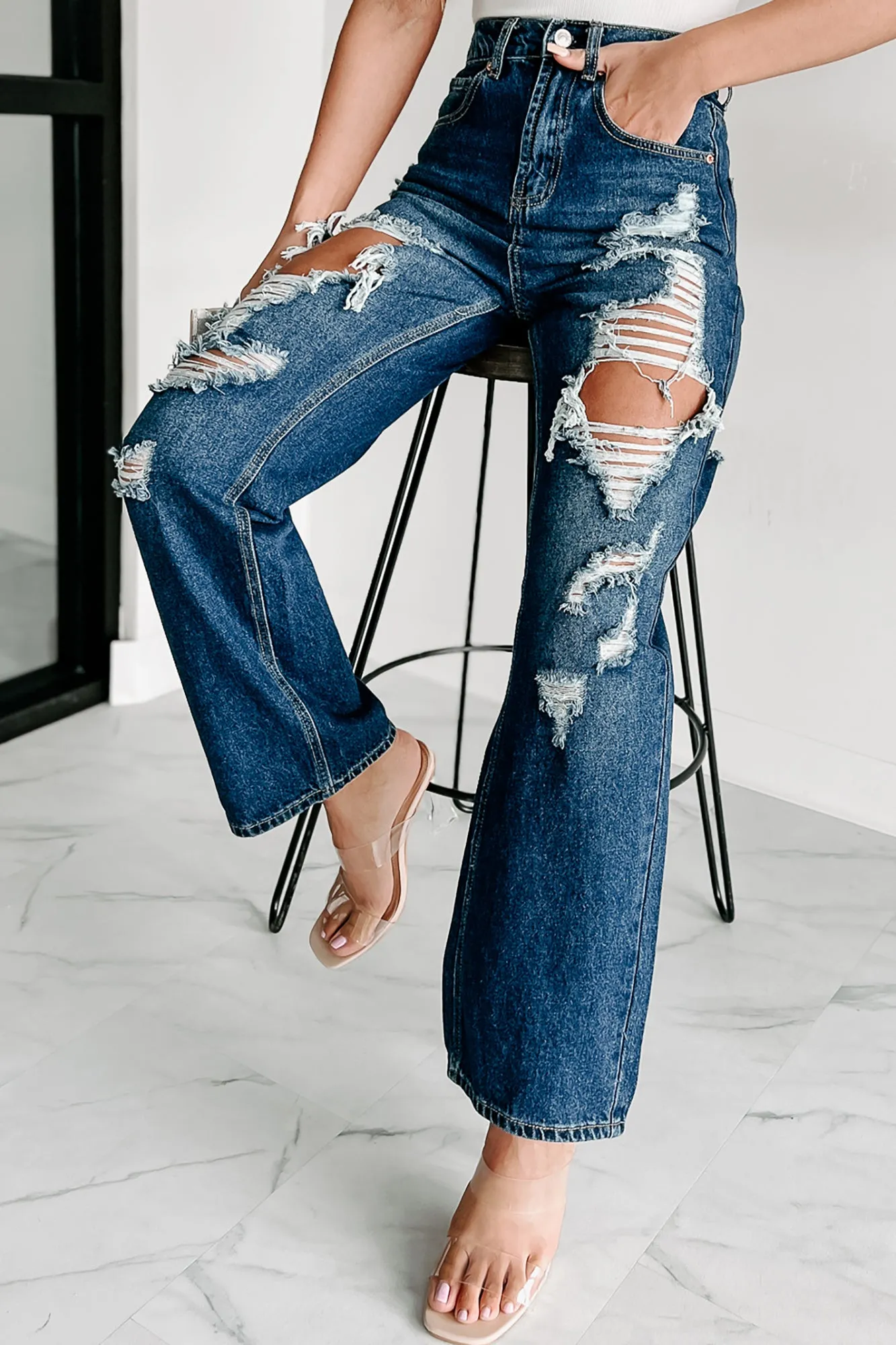 For A Change High Rise Distressed Wide Leg Jeans (Dark)