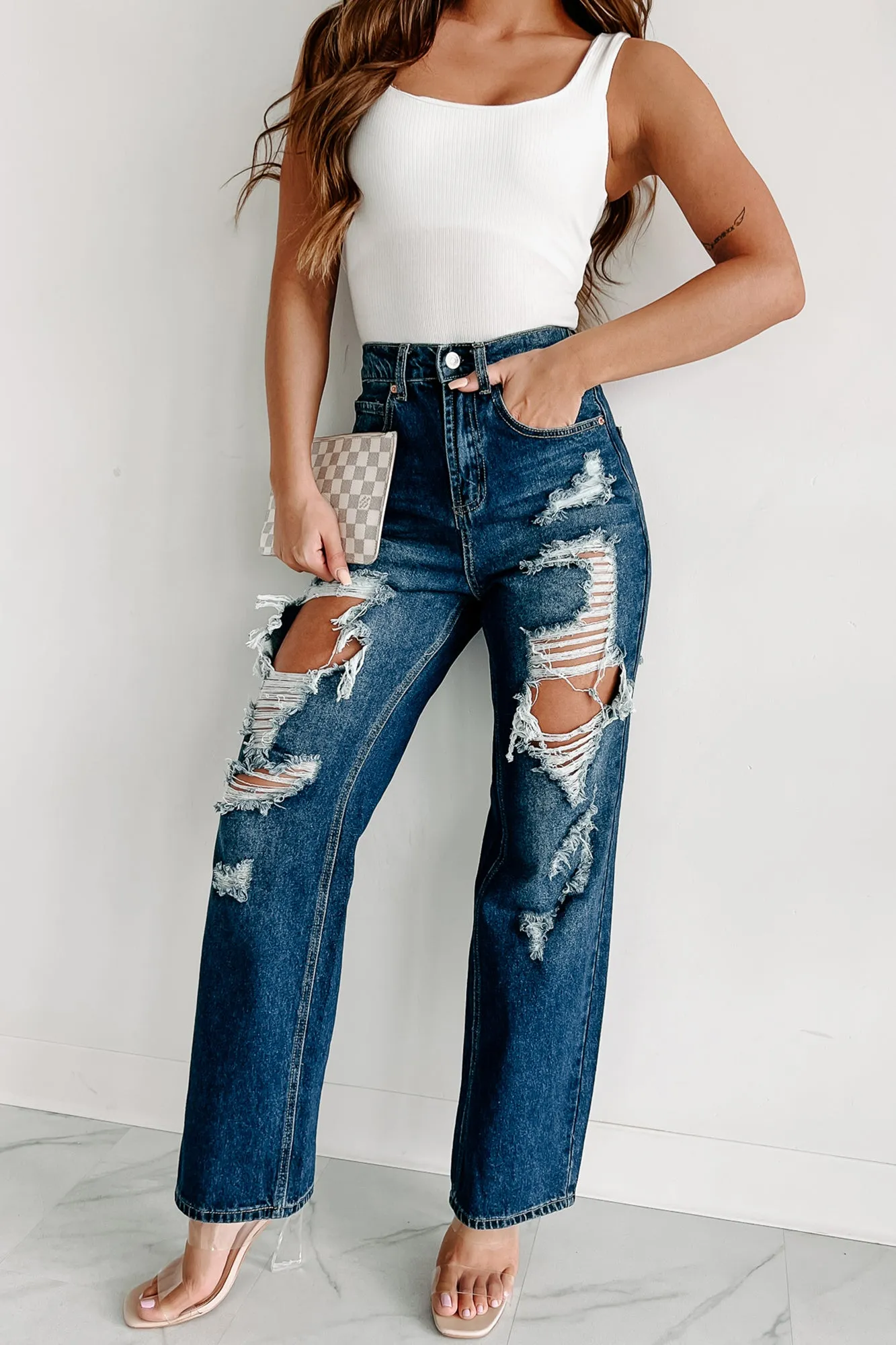 For A Change High Rise Distressed Wide Leg Jeans (Dark)