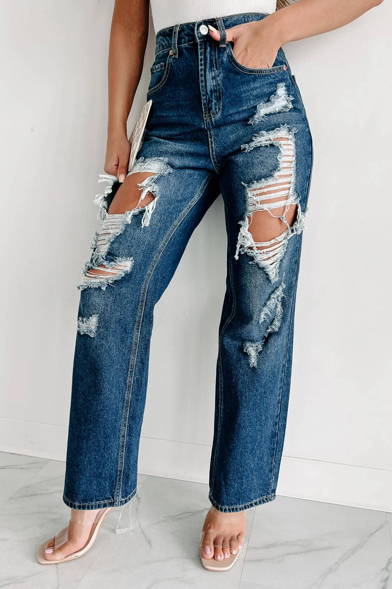 For A Change High Rise Distressed Wide Leg Jeans (Dark)